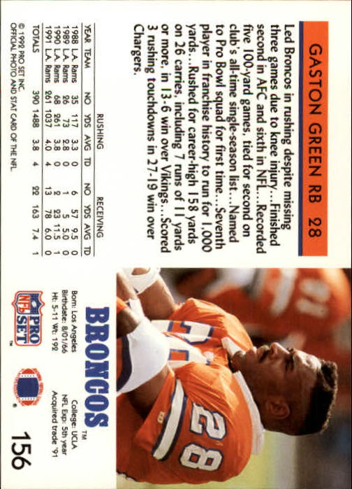 1992 Pro Set #156 Gaston Green UER/(Lists 1991 team as Rams,/ but was Broncos) back image