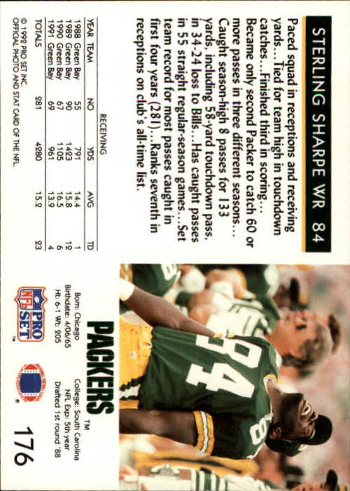 1992 Pro Set #176 Sterling Sharpe back image