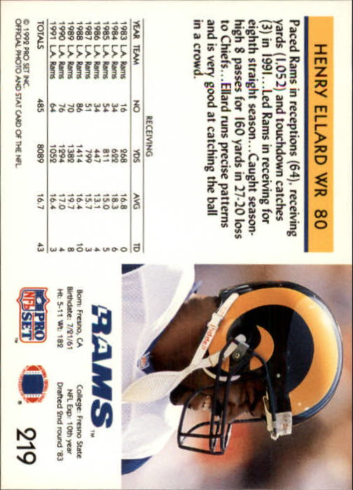 1992 Pro Set #219 Henry Ellard back image