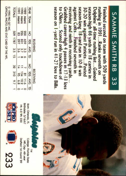 1992 Pro Set #233 Sammie Smith back image