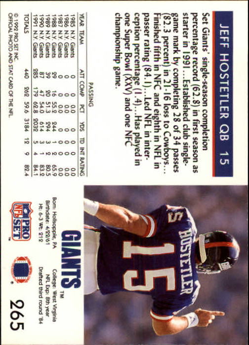 1992 Pro Set #265 Jeff Hostetler back image