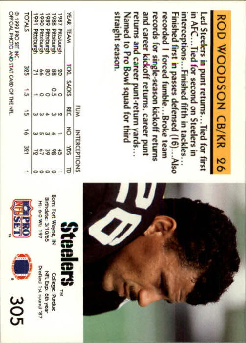 1992 Pro Set #305 Rod Woodson back image
