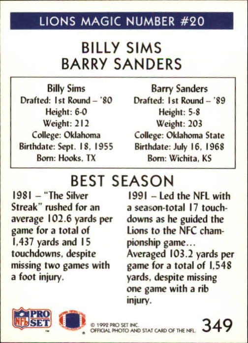 1992 Pro Set #349 Barry Sanders MN/Billy Sims back image