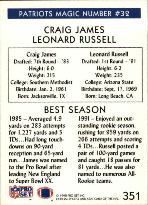 1992 Pro Set #351 Craig James MN/Leonard Russell back image