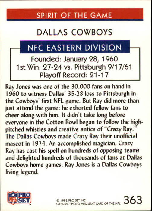 1992 Pro Set #363 Dallas Cowboys/Spirit of the Game/(Mascot) back image