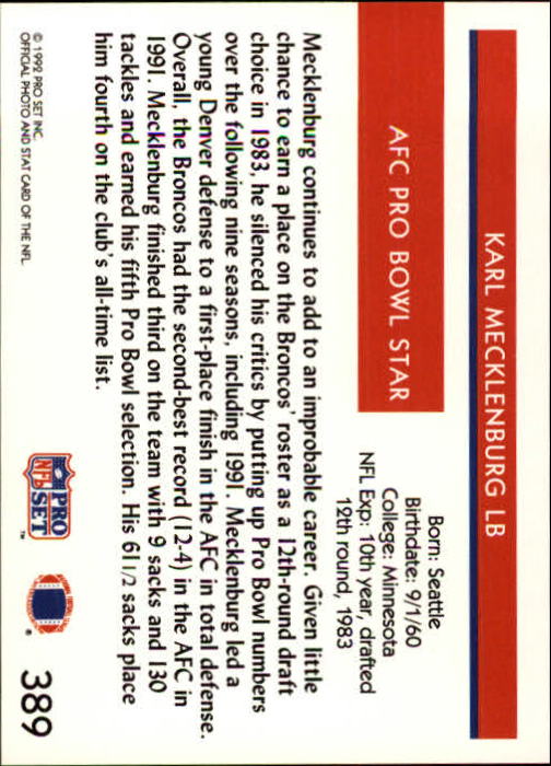 1992 Pro Set #389 Karl Mecklenburg PB UER/(misspelled Mecklenberg) back image