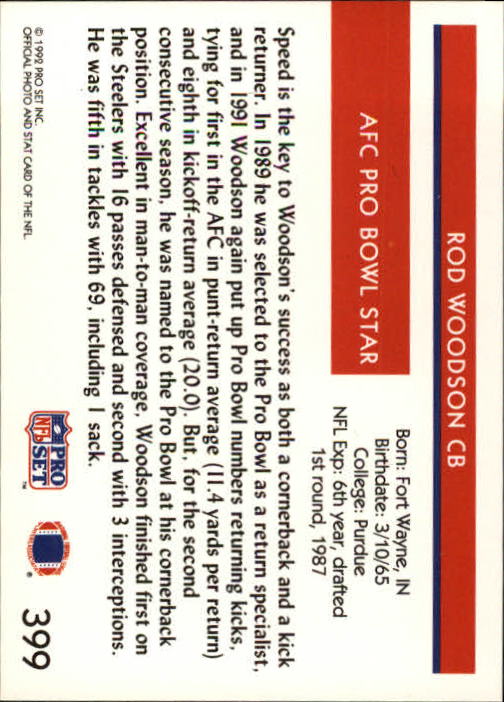 1992 Pro Set #399 Rod Woodson PB back image