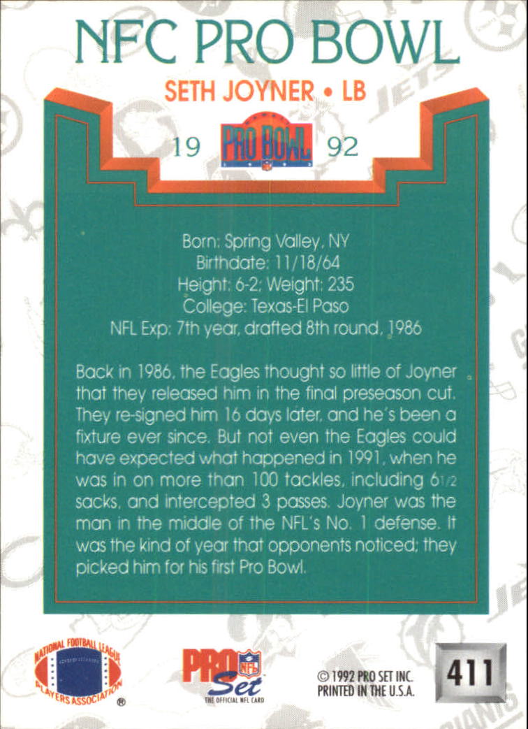 1992 Pro Set #411 Seth Joyner PB back image