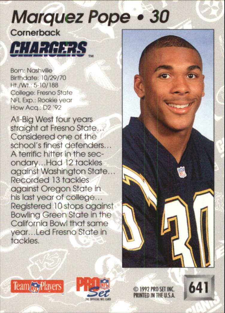 1992, Marquez Pope, San Diego Chargers, Signed, Autographed, Pro Set Football Card, Card # 641, 1992, Marquez Pope, San Diego Chargers, Signed, Autographed, Pro Set Football Card, Card # 641,