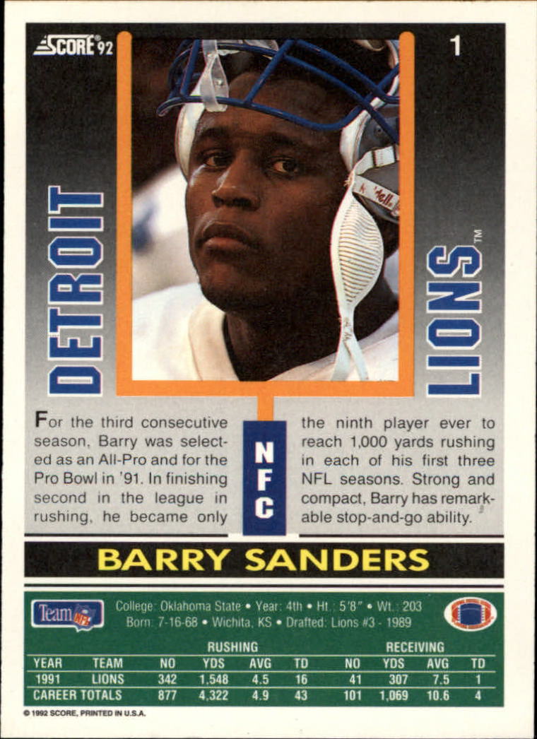 1992 Score #1 Barry Sanders back image