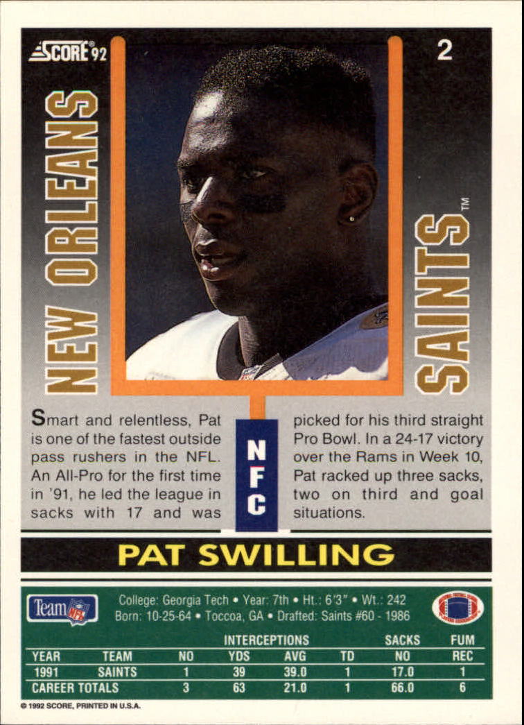 1992 Score #2 Pat Swilling back image