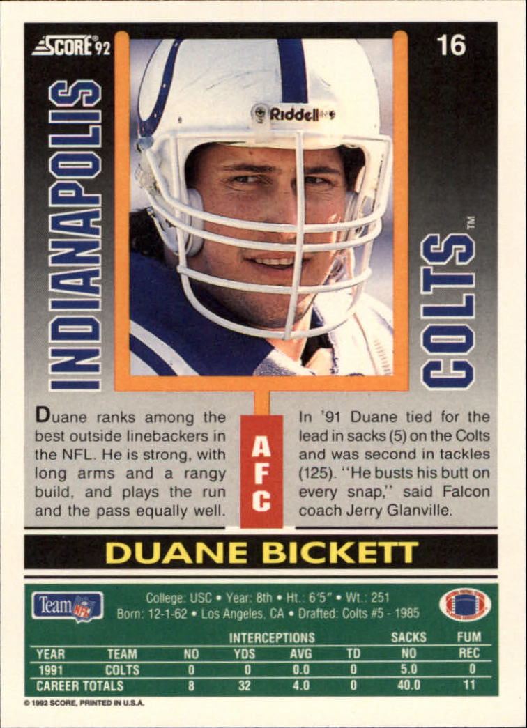 1992 Score #16 Duane Bickett back image