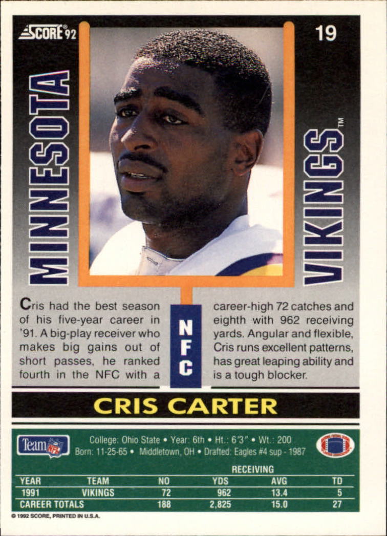 1992 Score #19 Cris Carter back image