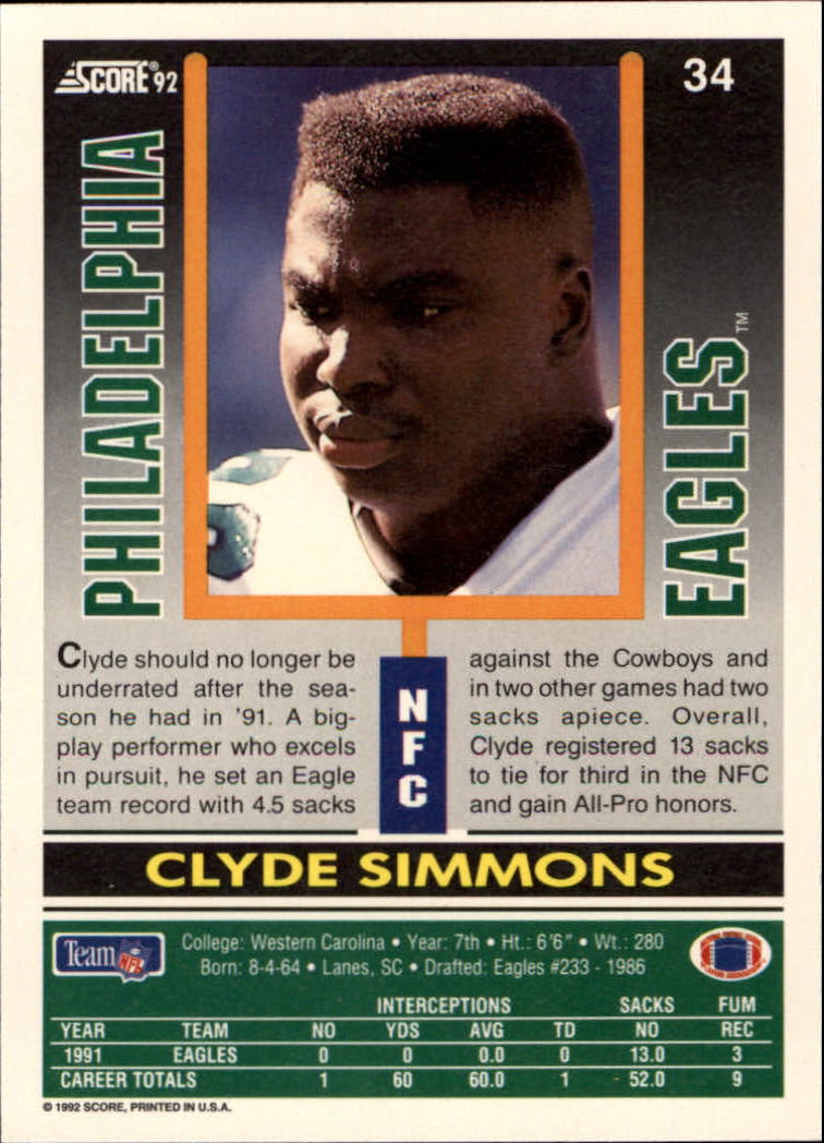 1992 Score #34 Clyde Simmons back image