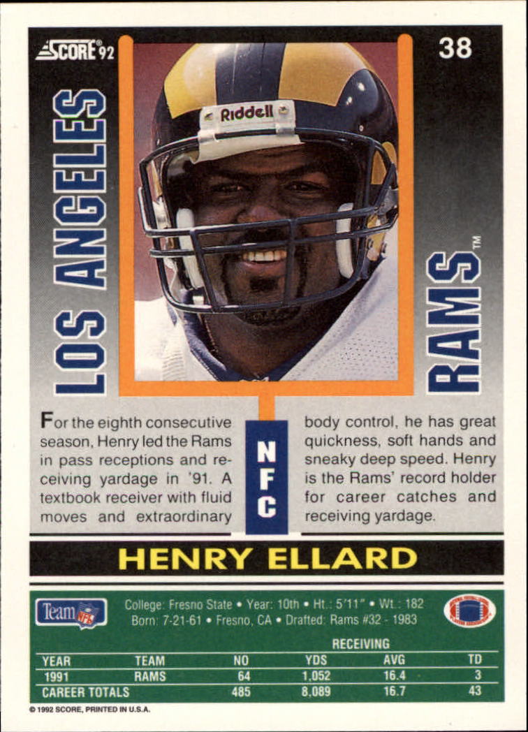 1992 Score #38 Henry Ellard back image