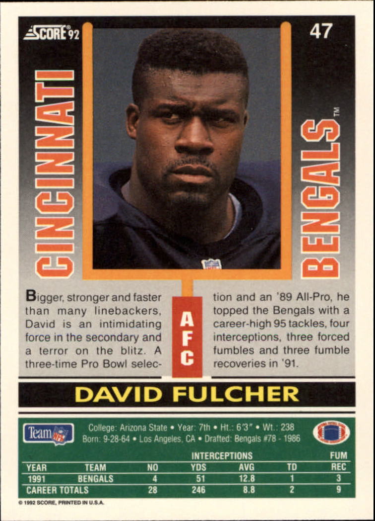 1992 Score #47 David Fulcher back image