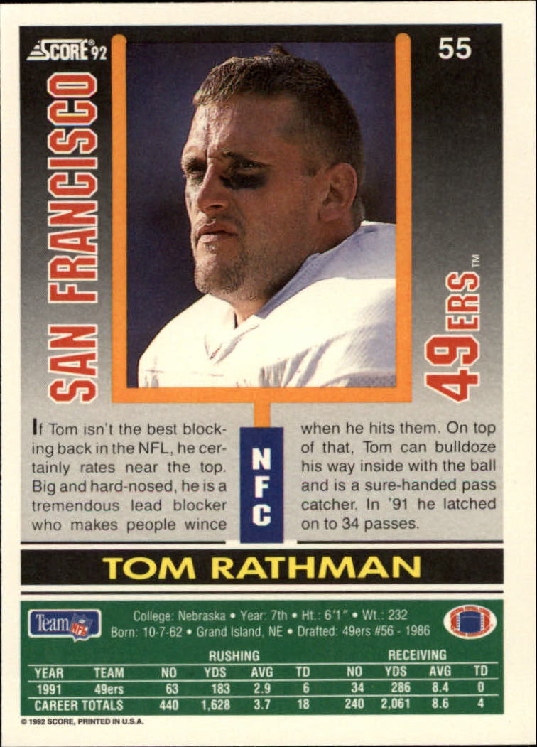 1992 Score #55 Tom Rathman back image