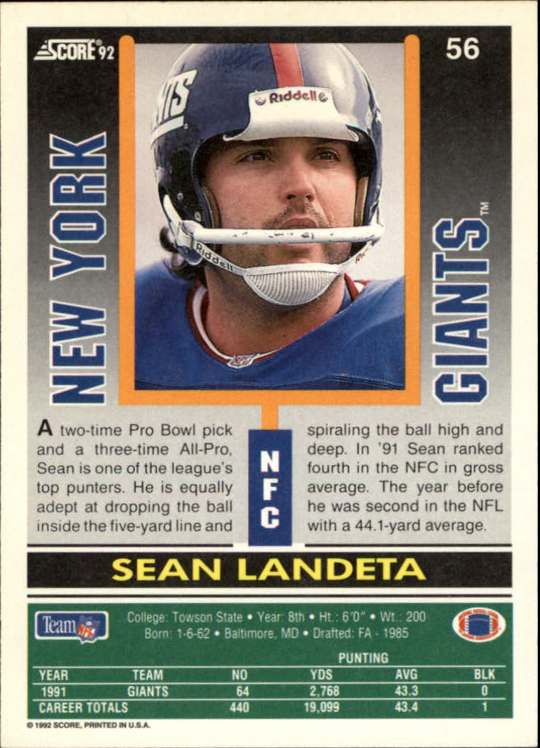 1992 Score #56 Sean Landeta back image