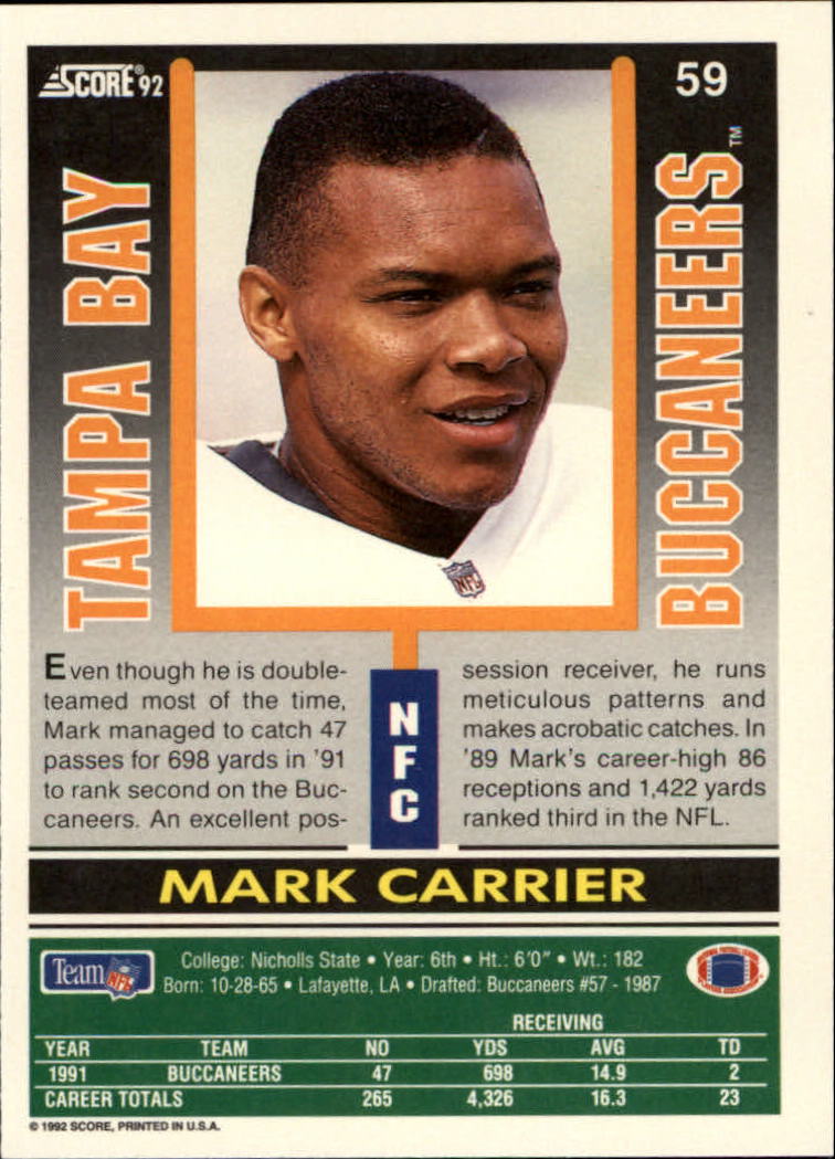 1992 Score #59 Mark Carrier WR back image