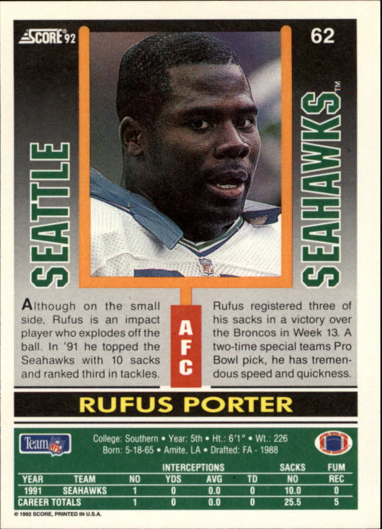 1992 Score #62 Rufus Porter back image