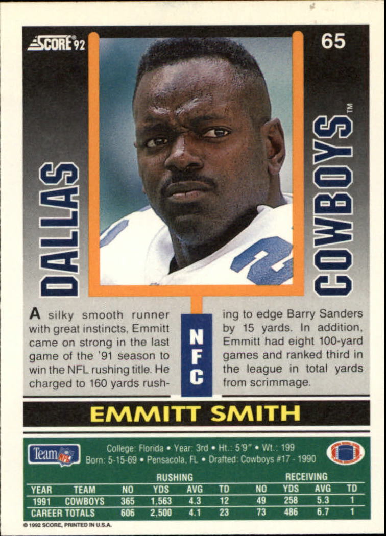 1992 Score #65 Emmitt Smith back image