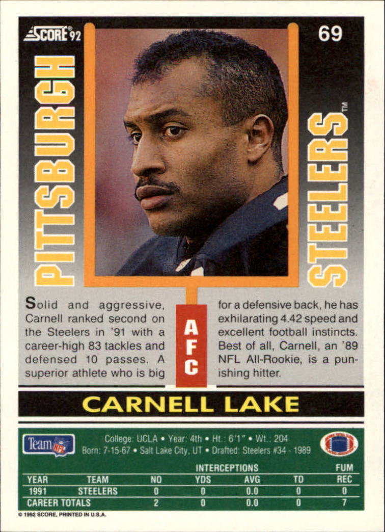 1992 Score #69 Carnell Lake back image