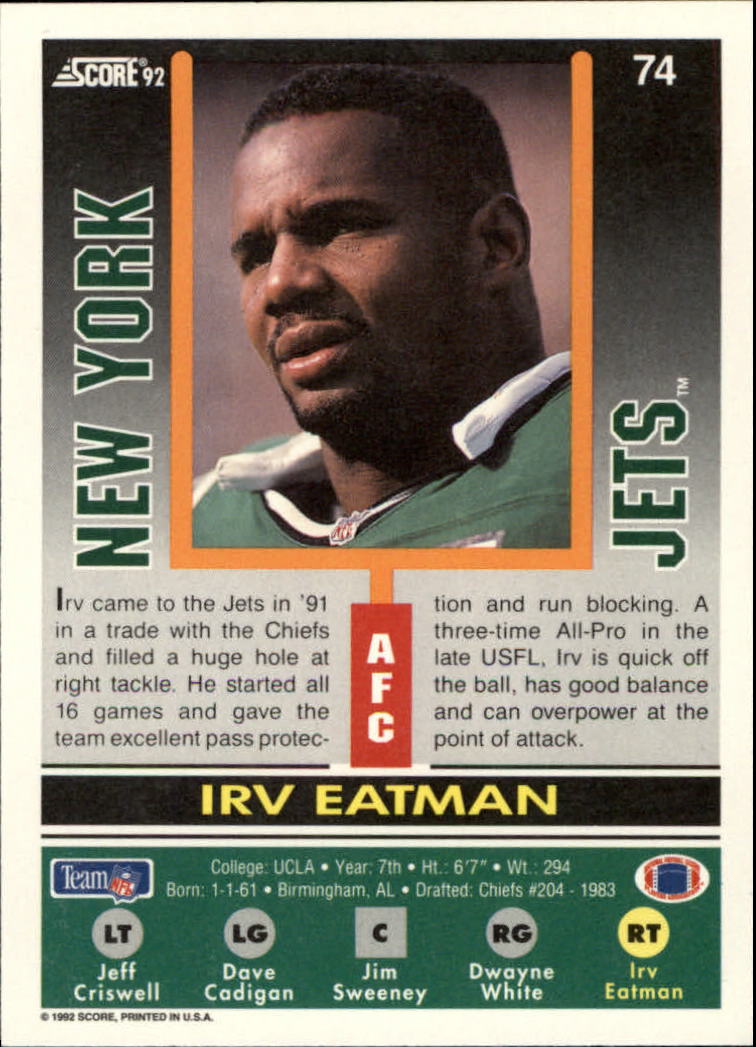 1992 Score #74 Irv Eatman back image