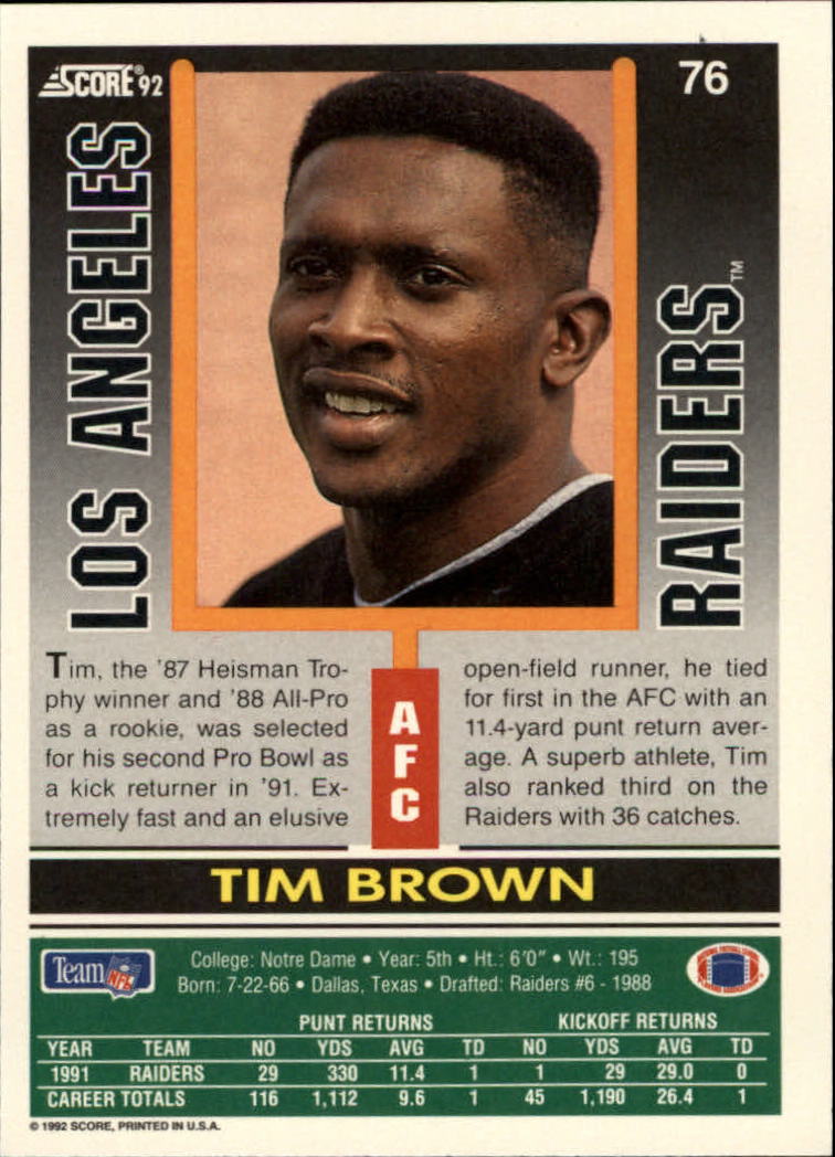 1992 Score #76 Tim Brown back image