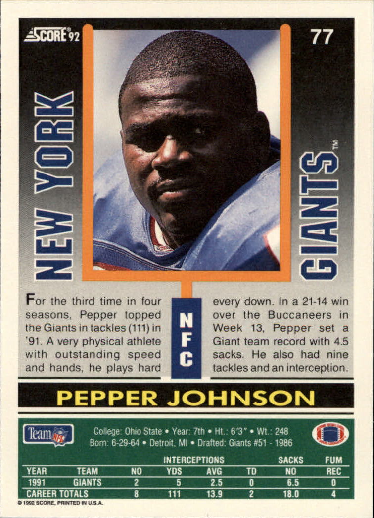 1992 Score #77 Pepper Johnson back image