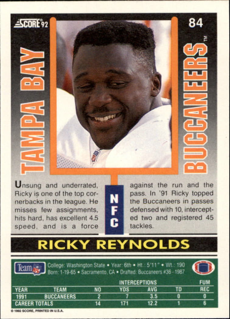 1992 Score #84 Ricky Reynolds back image