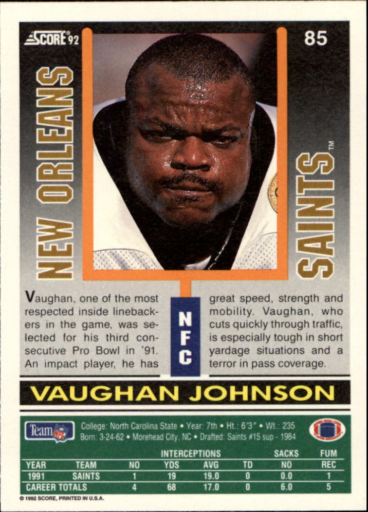 1992 Score #85 Vaughan Johnson back image