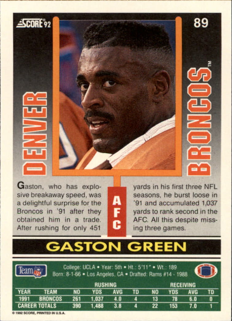 1992 Score #89 Gaston Green back image