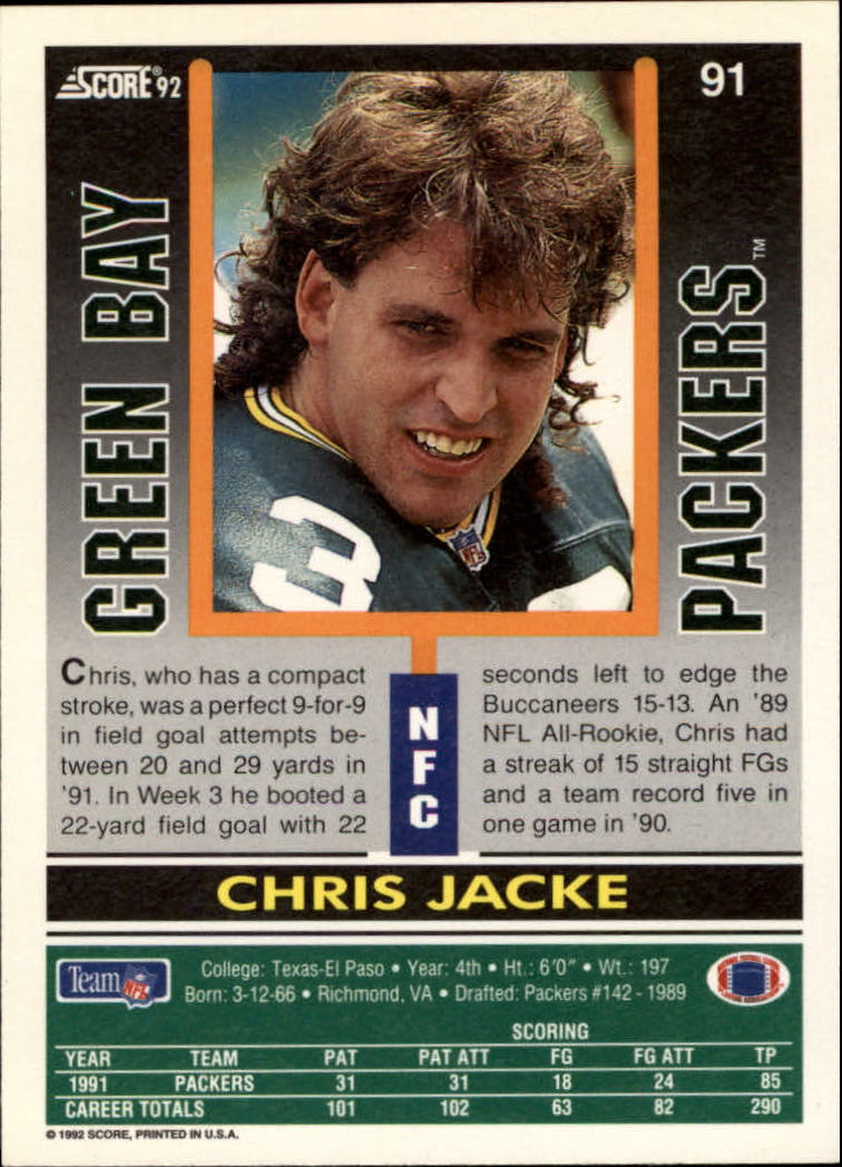 1992 Score #91 Chris Jacke back image