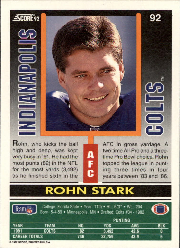 1992 Score #92 Rohn Stark back image