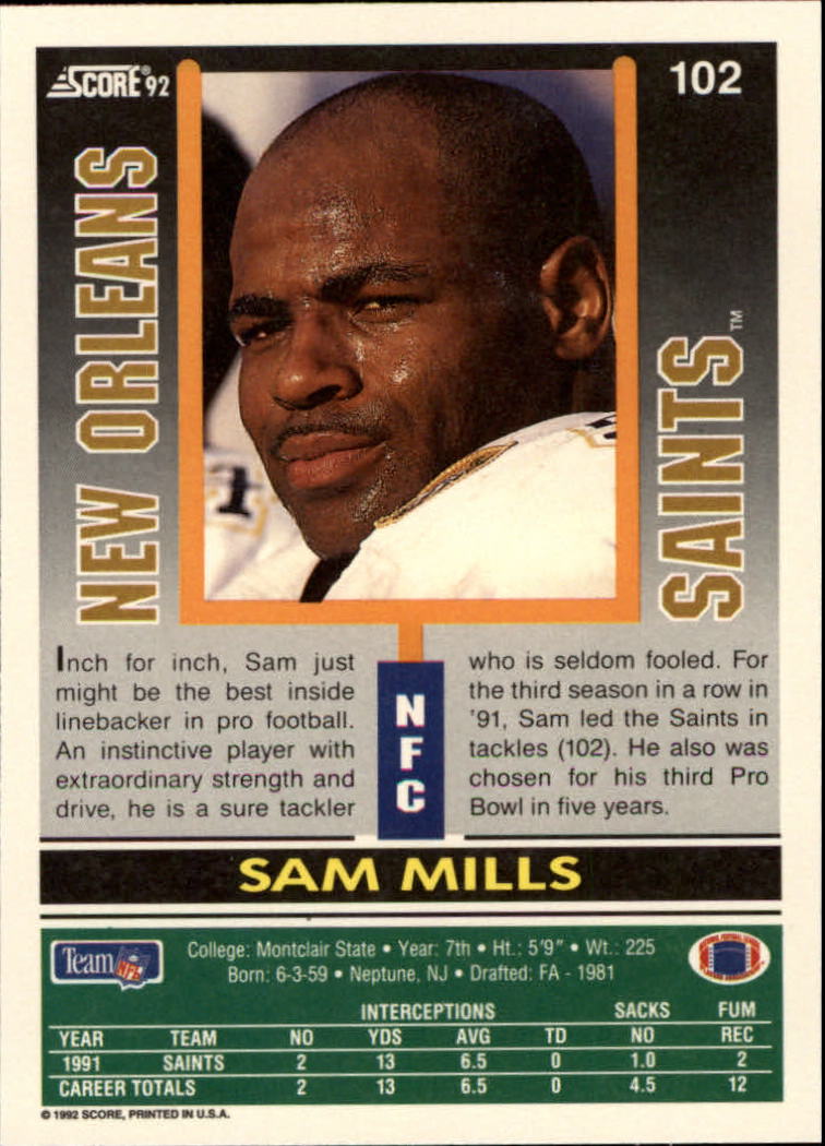 1992 Score #102 Sam Mills back image