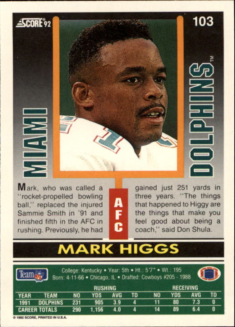 1992 Score #103 Mark Higgs back image