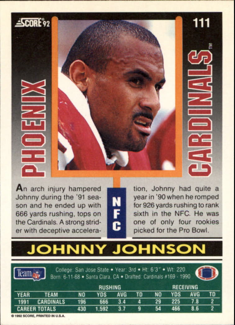 1992 Score #111 Johnny Johnson back image