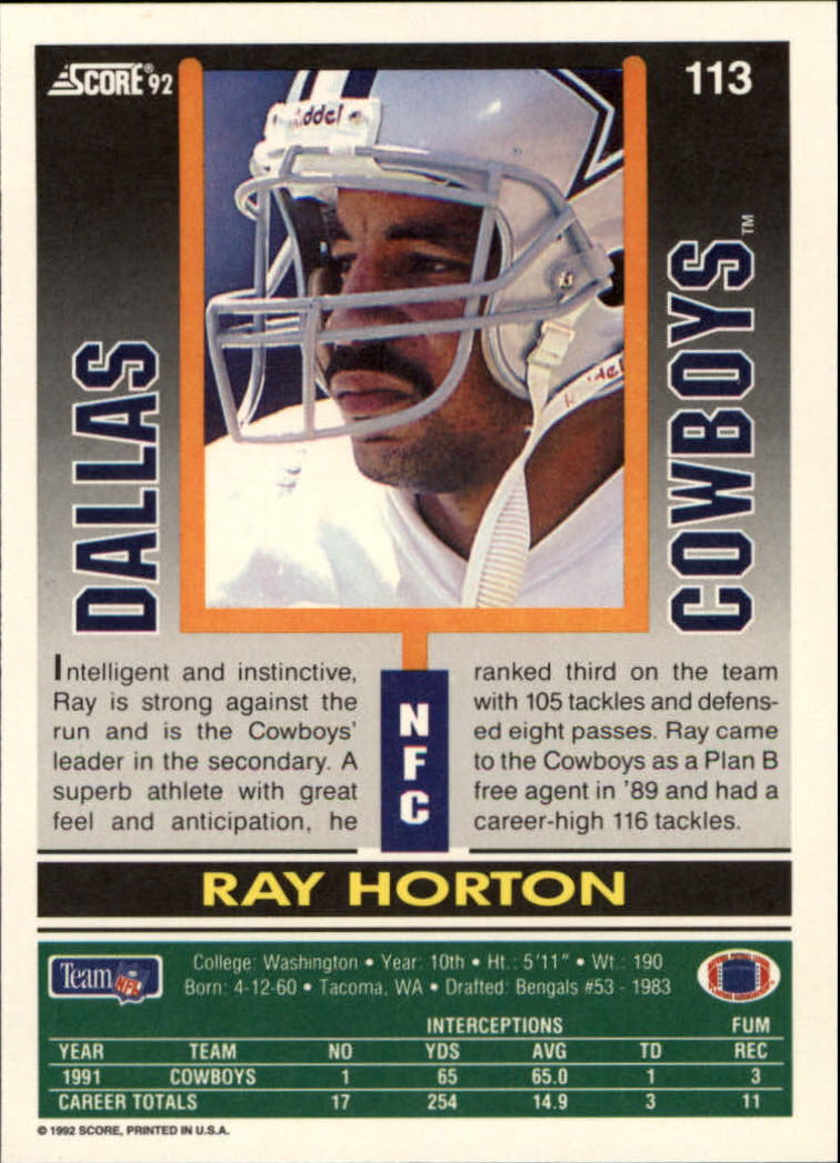 1992 Score #113 Ray Horton back image