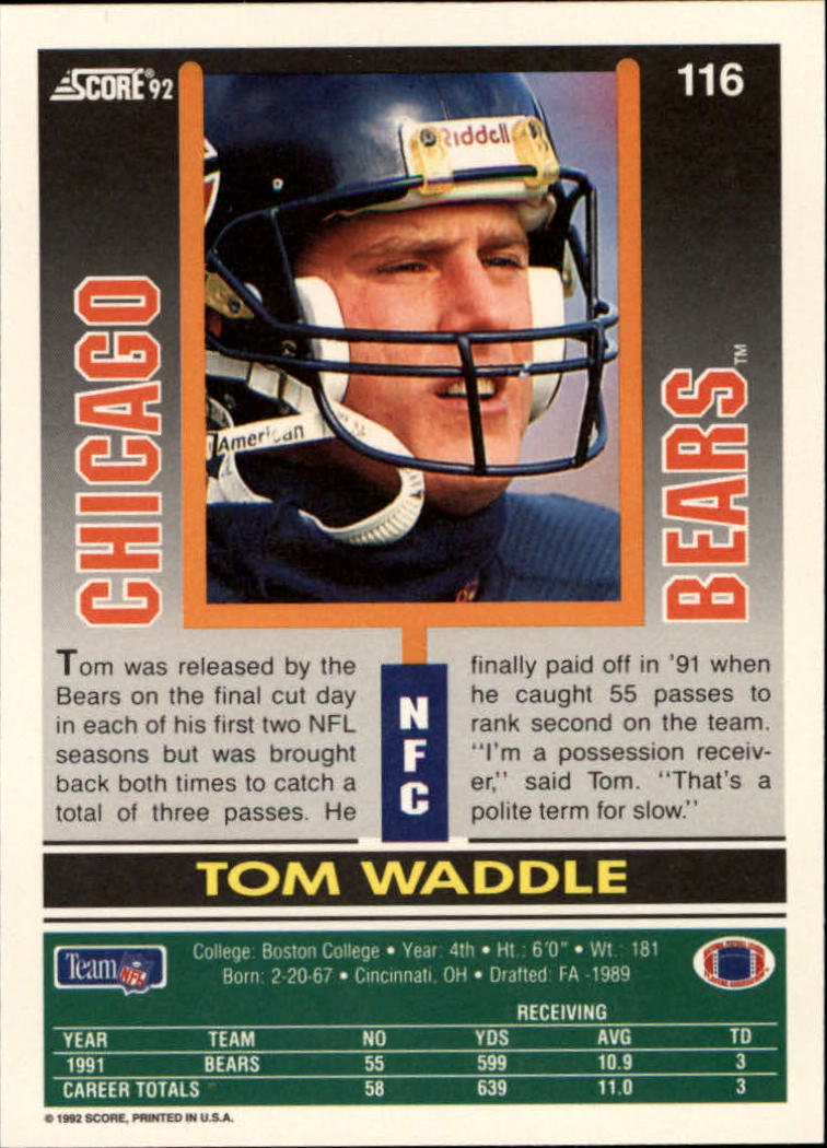 1992 Score #116 Tom Waddle back image