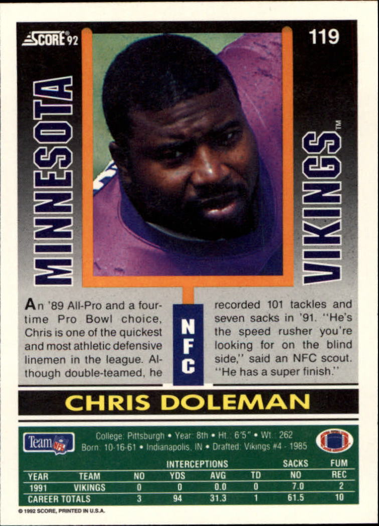 1992 Score #119 Chris Doleman back image