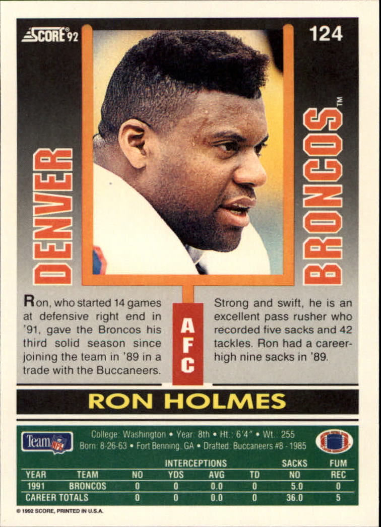 1992 Score #124 Ron Holmes back image