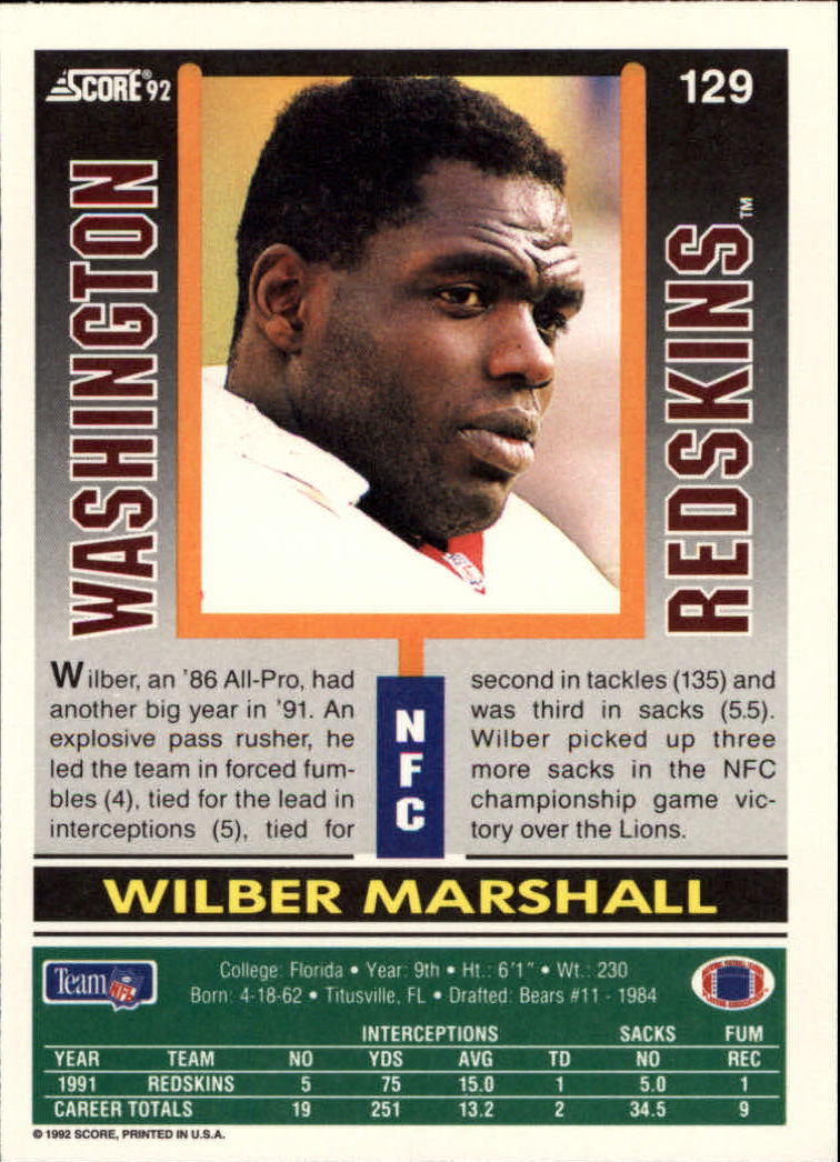 1992 Score #129 Wilber Marshall back image