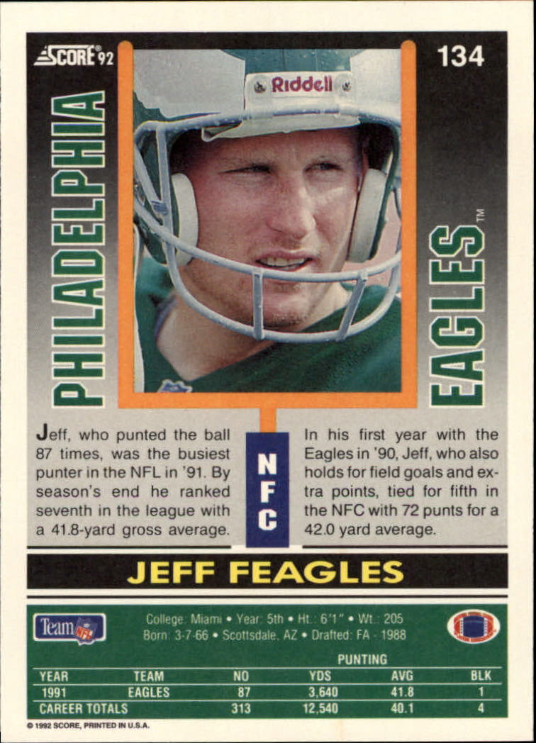 1992 Score #134 Jeff Feagles back image