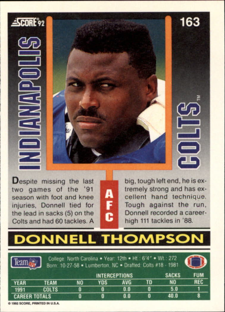 1992 Score #163 Donnell Thompson back image