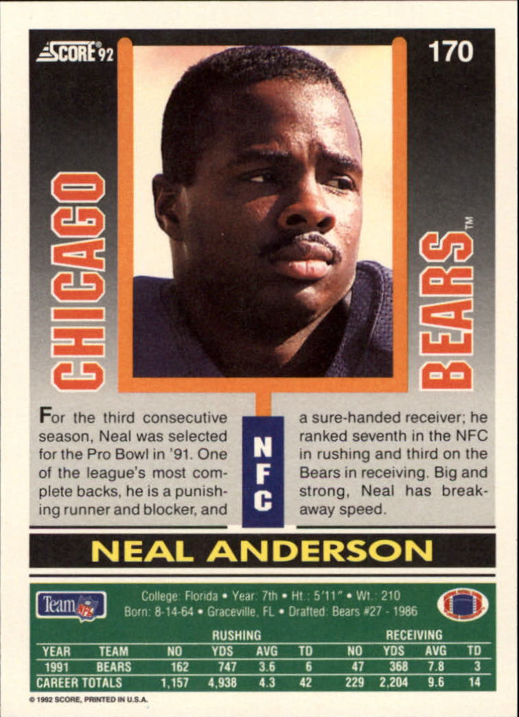 1992 Score #170 Neal Anderson back image