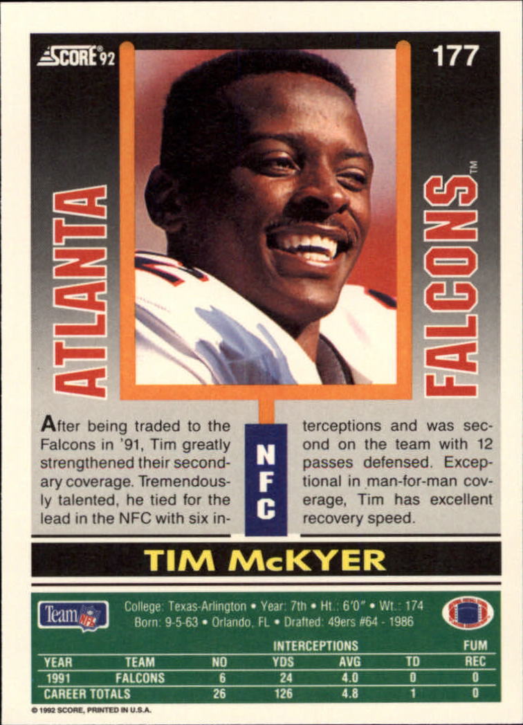 1992 Score #177 Tim McKyer back image