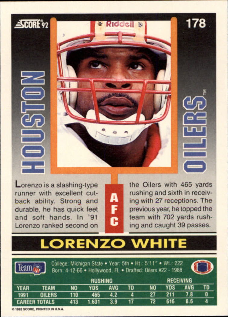 1992 Score #178 Lorenzo White back image