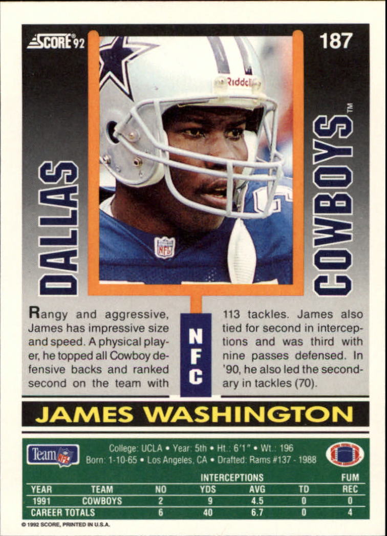 1992 Score #187 James Washington back image