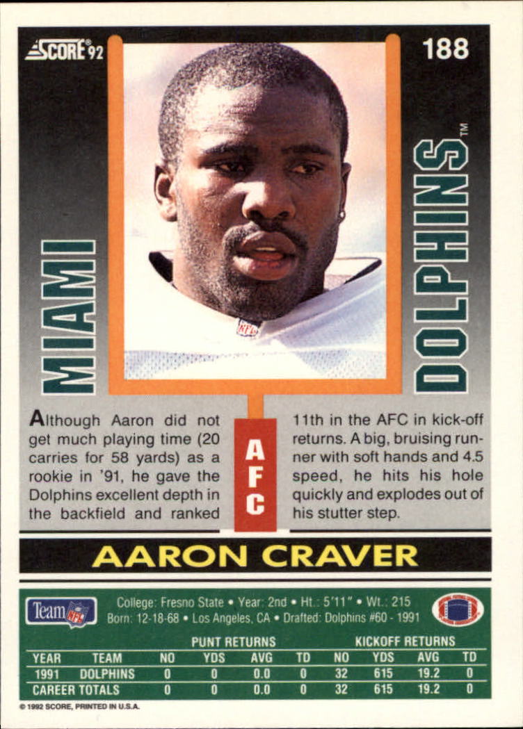 1992 Score #188 Aaron Craver back image