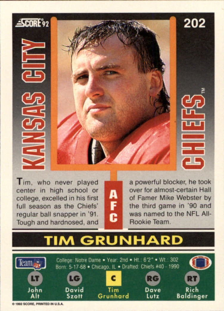 1992 Score #202 Tim Grunhard back image